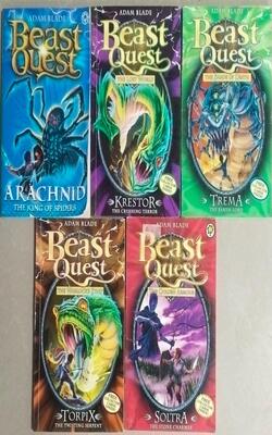 The Warlocks Staff Series 9: Torpix The Twisting Serpent, Beast Quest Arachnid - The King Of Spiders, Soltra The Stone Charmer, The Shade Of Death: Trema The Earth Lord [with 4 Collector Cards], Beast Quest: 39: Krestor The Crushing Terror - Pack Of 5 Books