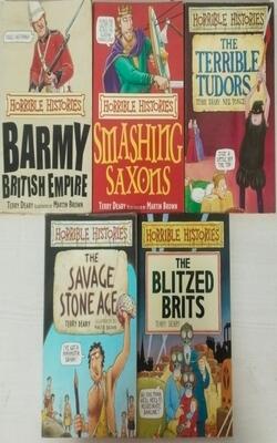 Horrible Histories: The Terrible Tudors , The Savage Stone Age, The Blitzed Brits , Barmy British Empire, Smashing Saxons :- Pack Of 5 Books