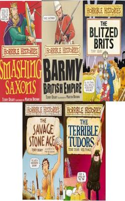 Horrible Histories: The Terrible Tudors , The Savage Stone Age, The Blitzed Brits , Barmy British Empire, Smashing Saxons :- Pack of 5 books